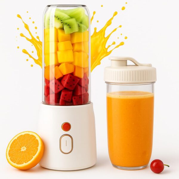 portable mini juice blender 450ml – rechargeable smoothie maker with 6 blades & travel cup (white)